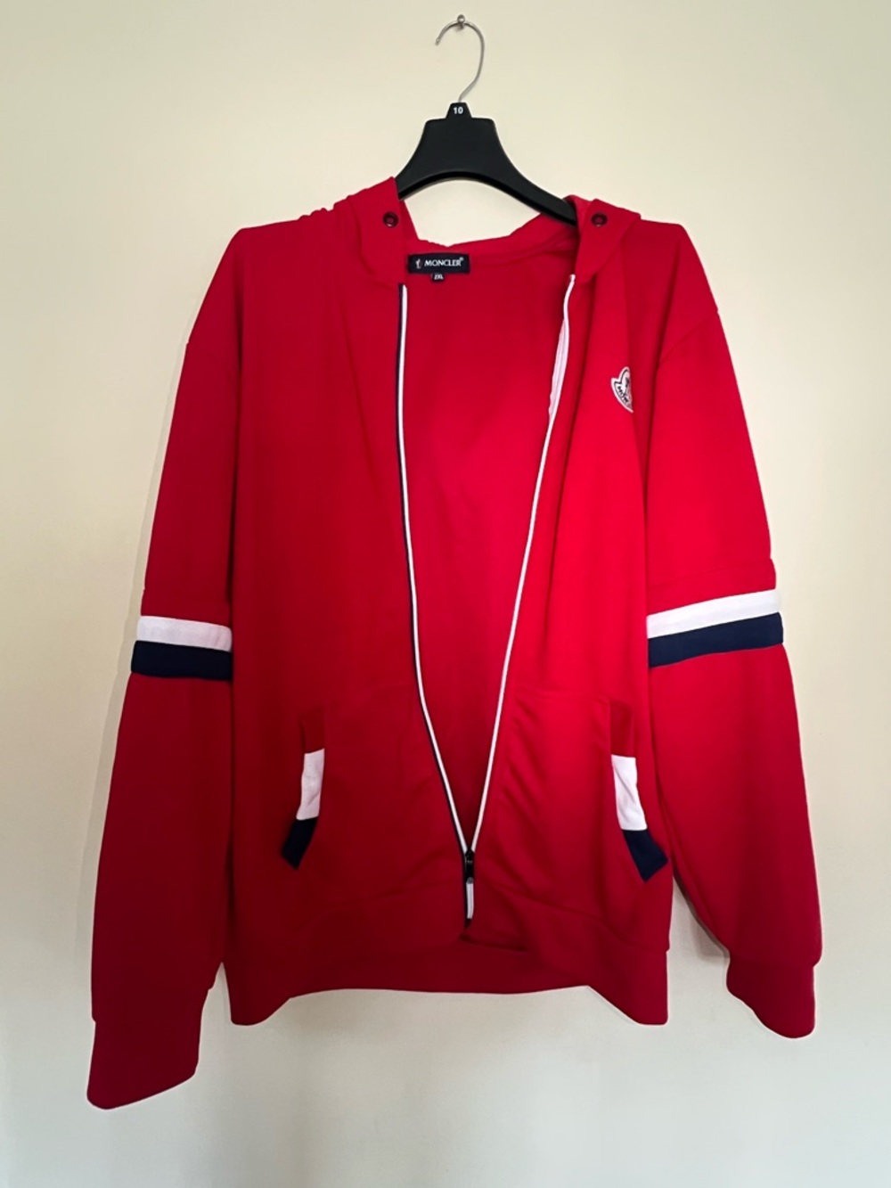 Moncler Bright Red Zip-Up Hoodie with Contrast Stripes